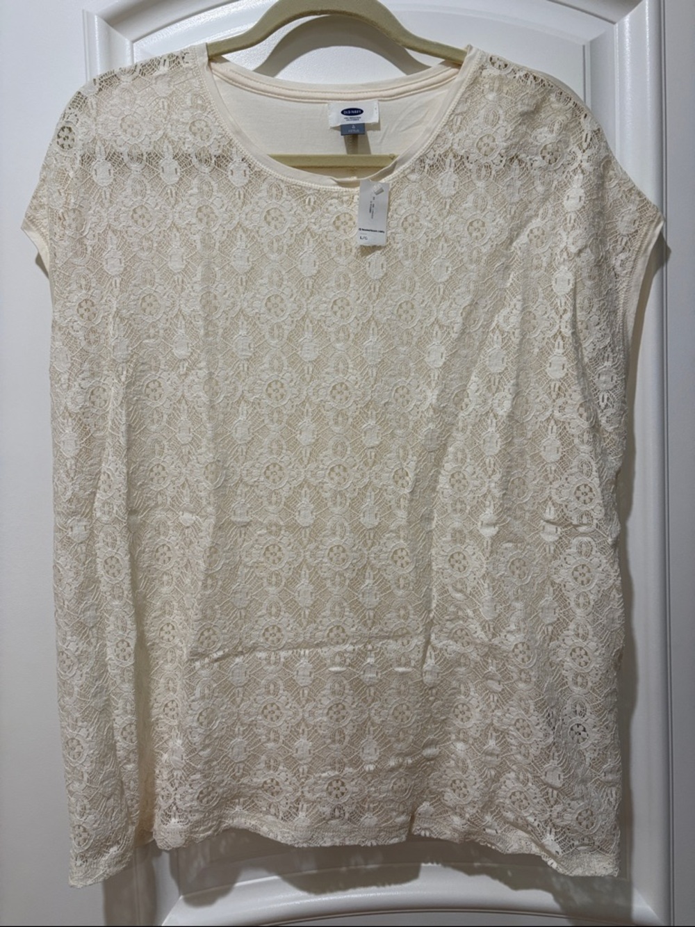 Old Navy Lace Overlay Short Sleeve Tunic Top Blouse in Cream Sz L NWT